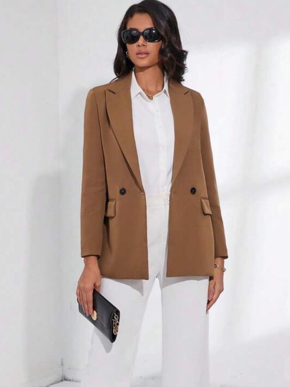 SHEIN Brown Oversized Double-Breasted Blazer